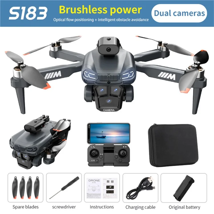 S183 HD Dual Camera Optical Flow Positioning Quadcopter Folding Obstacle Avoidance RC Drone, 2 Batteries