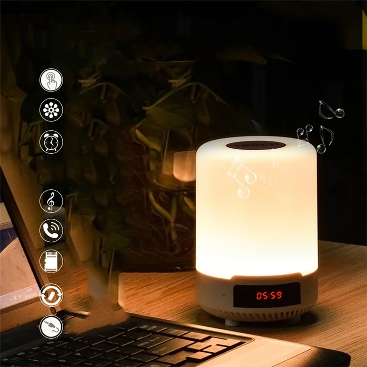 LED Night Light Bluetooth Speaker with Alarm Clock Touch Control Table Lamp - Black