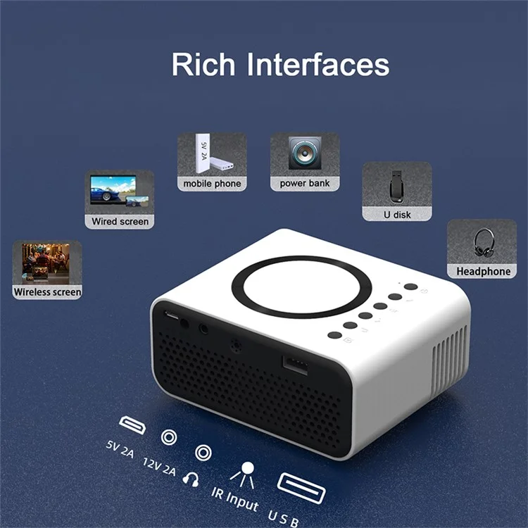 YT300 Mini Projector LED Smart TV Portable Home Theater Rich Interface Low Noise Internal Speaker - White / EU Plug