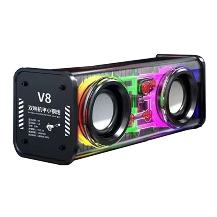 V8 Transparent Mecha Music Speaker Bluetooth 5.0 Wireless Subwoofer with RGB Light - Black