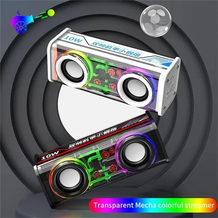 V8 Transparent Mecha Music Speaker Bluetooth 5.0 Wireless Subwoofer with RGB Light - Black