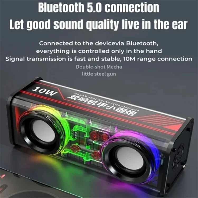 V8 Transparent Mecha Music Speaker Bluetooth 5.0 Wireless Subwoofer with RGB Light - Black