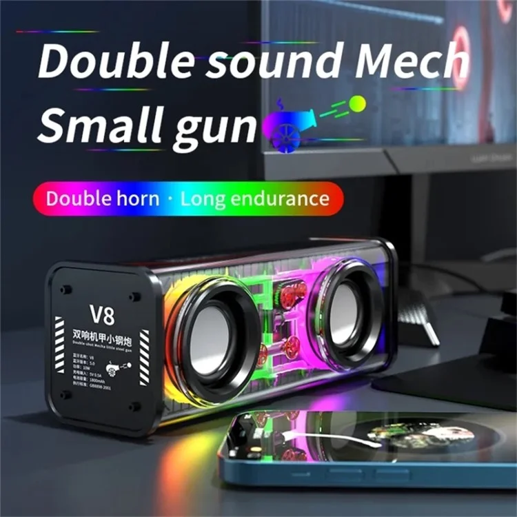 V8 Transparent Mecha Music Speaker Bluetooth 5.0 Wireless Subwoofer with RGB Light - Black