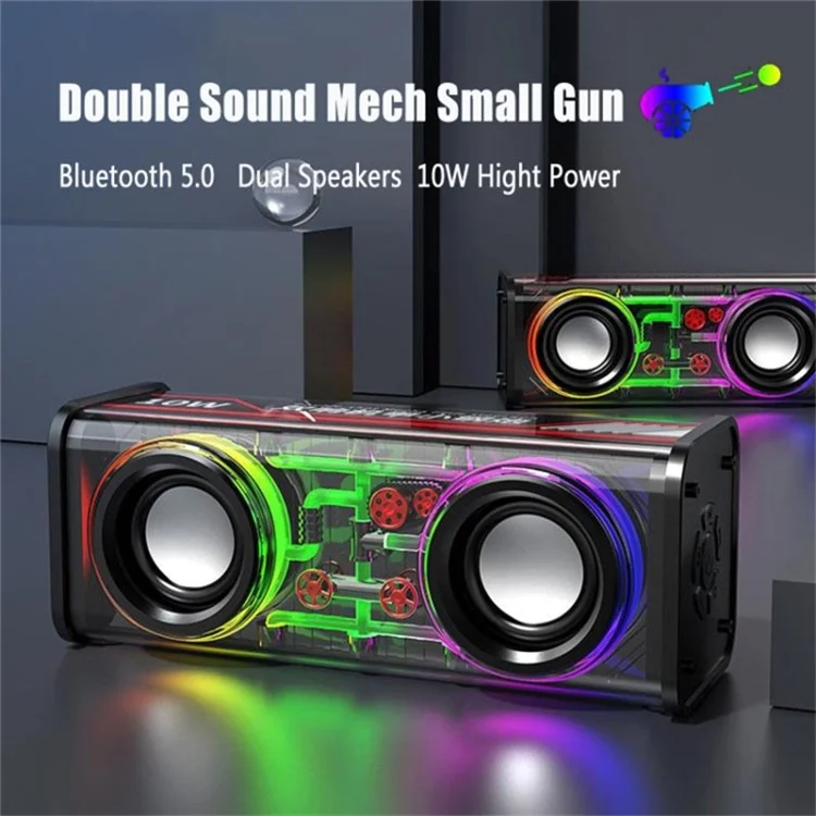 V8 Transparent Mecha Music Speaker Bluetooth 5.0 Wireless Subwoofer with RGB Light - Black