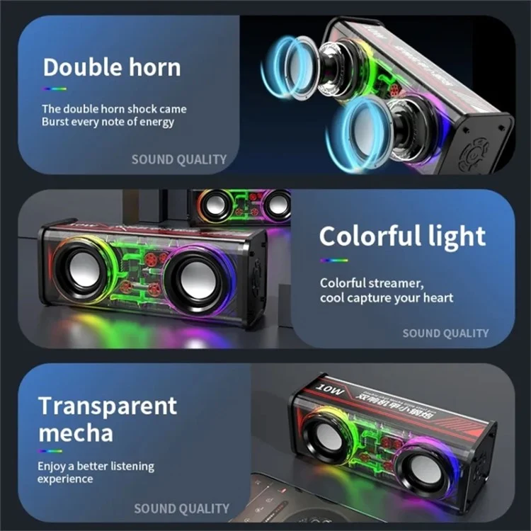 V8 Transparent Mecha Music Speaker Bluetooth 5.0 Wireless Subwoofer with RGB Light - Black