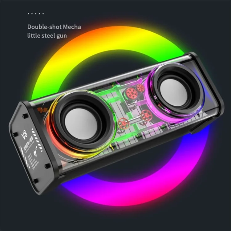 V8 Transparent Mecha Music Speaker Bluetooth 5.0 Wireless Subwoofer with RGB Light - Black