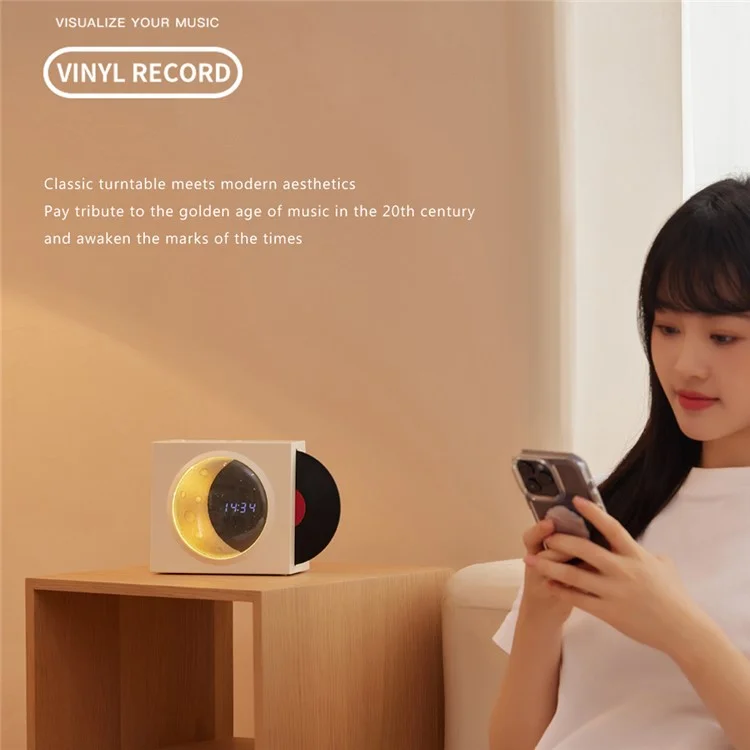 X09 Vinyle Plate Moon Style Alarm Clock Bluetooth Speaker Stereo Sound Wireless Subwoofer - White