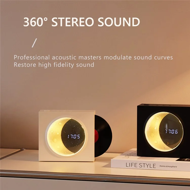 X09 Vinyle Plate Moon Style Alarm Clock Bluetooth Speaker Stereo Sound Wireless Subwoofer - White