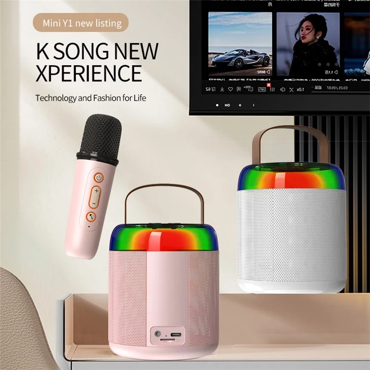 Y2 Colorful Light Mini Karaoke Machine Portable Bluetooth Speaker with 2 Wireless Microphones - Pink