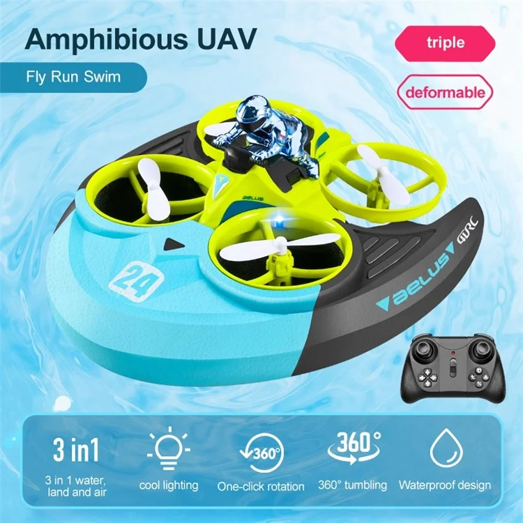 V24 Four-axis RC Aircraft Three-in-one Sea Land and Air RC Boat 360-degree Tumbling Remote Control Educational Toys with Two Batteries - Green