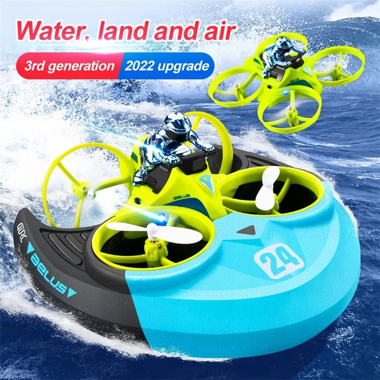 V24 Four-axis RC Aircraft Three-in-one Sea Land and Air RC Boat 360-degree Tumbling Remote Control Educational Toys with Two Batteries - Green