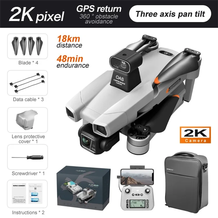 AE86 Pro Max 3-axis Gimbal Obstacle Avoidance RC Drone 2K 5G Digital Image Transmission Dual Lens GPS Aircraft, 3 Batteries - Grey