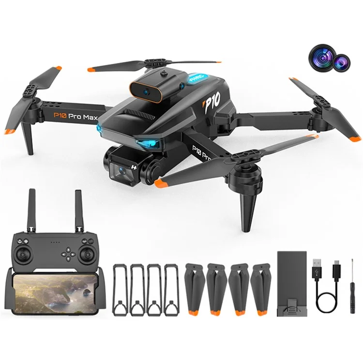 P10 HD FPV Drone Obstacle Avoidance Folding RC Quadcopter (Optical Flow Positioning + ESC 2 Lens + Storage Bag + 1 Battery) - Black