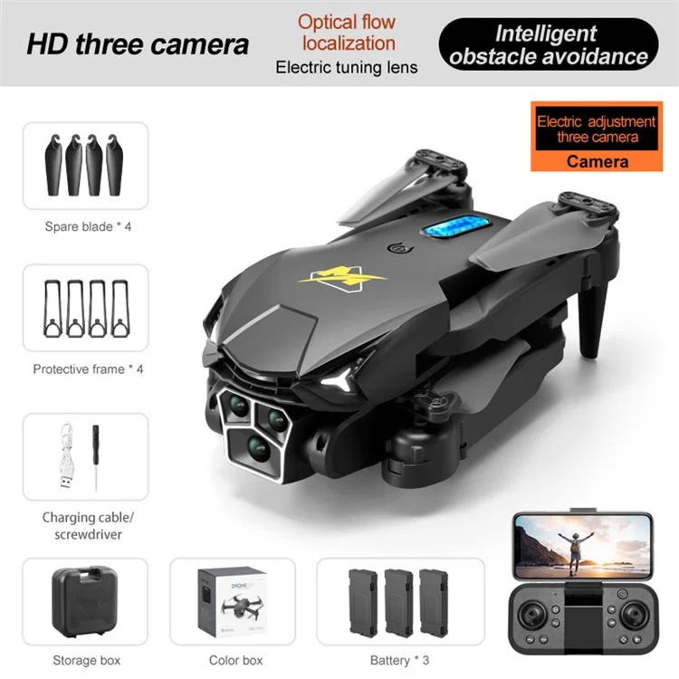 M3 Triple-Lens Camera Drone Remote Control Optical Flow RC Aircraft Quadcopter with 3 Batteries - Black