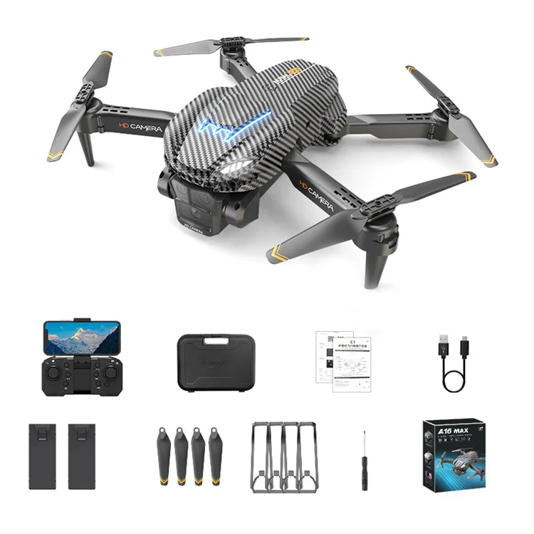 A16 MAX HD 3 Lens Camera Optical Flow ESC Drone Aerial Photo Folding RC Aircraft with Headless Mode, 2 Batteries - Carbon Fiber