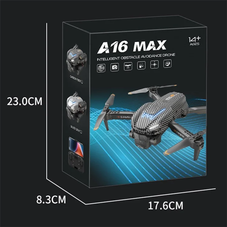 A16 MAX HD 3 Lens Camera Optical Flow ESC Drone Aerial Photo Folding RC Aircraft with Headless Mode, 2 Batteries - Carbon Fiber