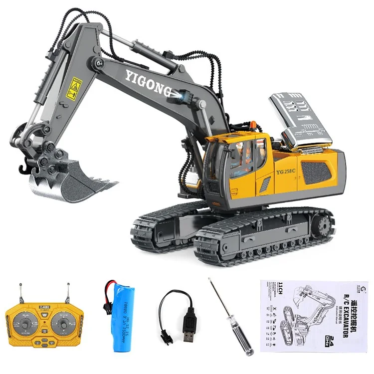 BC1043 11-Channel 2.4G RC Excavator 1 / 20 Scale Remote Control Excavator Metal Construction Vehicle Tractor Toys for Boys and Girls - Yellow / Grey